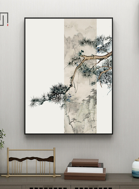 新中式风迎客松玄关背景墙三联画
