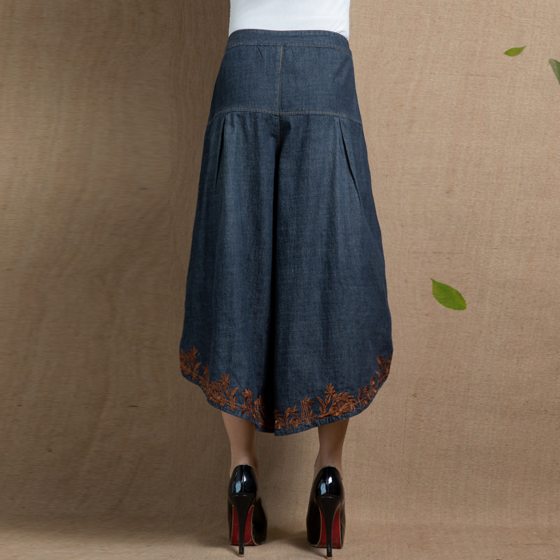 澜懿春夏a字七分裙裤绣花牛仔裙裤 澜懿牛仔裤