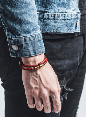 SoulDesign纯牛皮设计男皮质手绳复古红情侣潮流复古男酒红皮纹SD