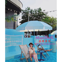 Net red money Steve Blue outdoor 2 m 4 large number windproof beach umbrella All blue Canvas Lying Chair Rice White Solid Wood Deck Chair