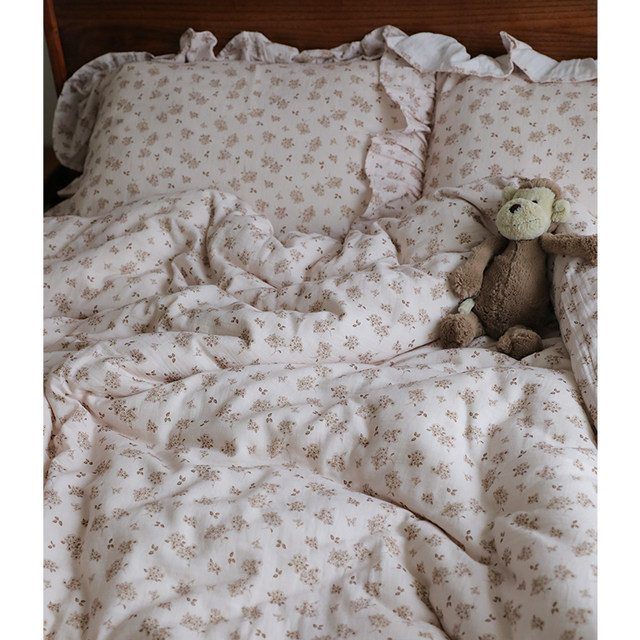 Light crushed flowers, spring and summer pastoral style pure cotton wrinkled yarn 1.5m bed four-piece set lace pillowcase bed sheets and covers