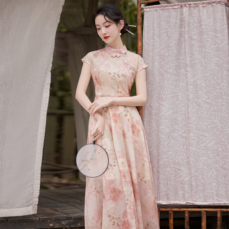 新中式文艺复古印花雪纺日常改良旗袍年轻款时尚显瘦国风连衣裙女 - 图1