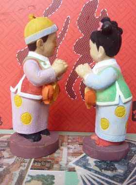 微型上色木雕金童玉女结婚工艺品