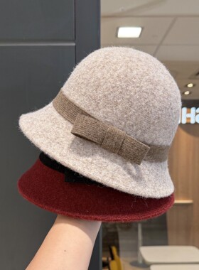 法式赫本风毛呢礼帽秋冬季蝴蝶结气质复古保暖帽子女显脸小渔夫帽