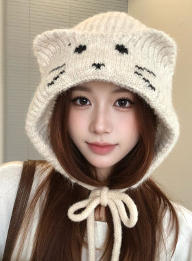 韩系可爱猫耳绑带针织帽子女冬季大头围保暖护耳百搭显脸小毛线帽