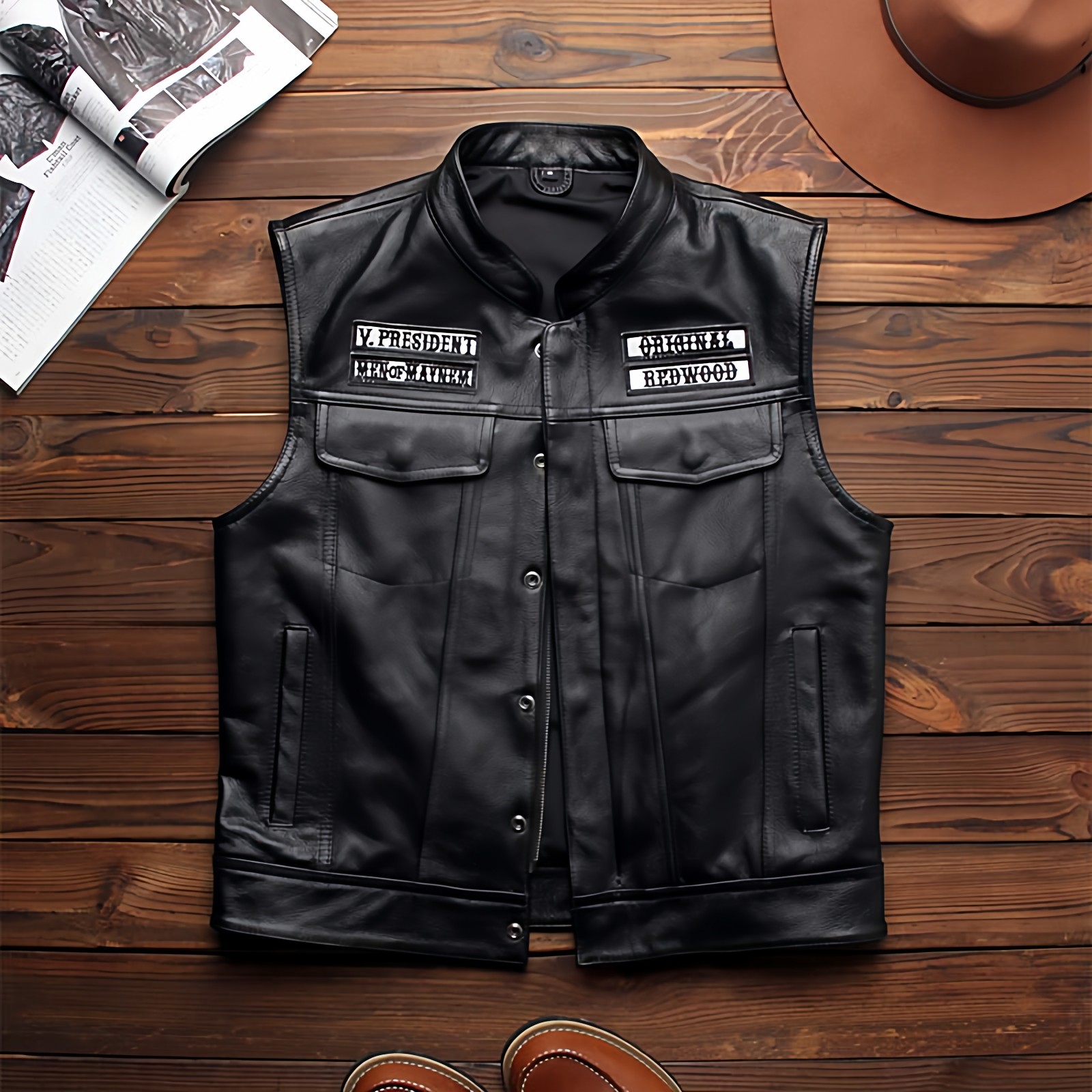 混乱之子牛皮坎肩立领修身男马甲多标刺绣俱乐部哈雷机车骑士背心,淘宝优惠券,粉丝福利购,淘宝优惠卷