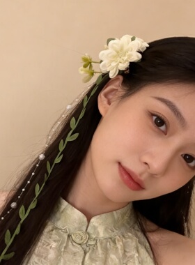 新中式仿真绢花初春绿色花朵发夹