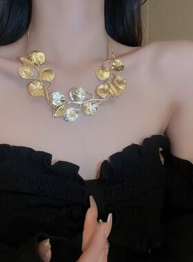 欧美夏季树叶金色链条冷淡风锁骨链夸张小众设计气质高级项链套装