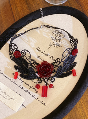 复古小众红色花朵串珠项链红玫瑰小众玫瑰花蕾丝叠戴颈链锁骨链