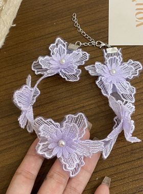 超仙仿珍珠蕾丝花朵项链女