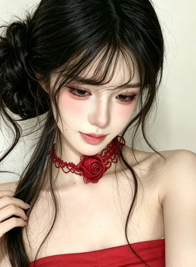 新款百搭法式红色玫瑰项链