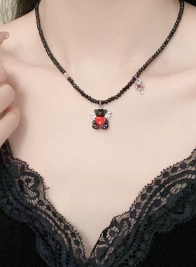 暗黑风可爱黑色小熊串珠项链女