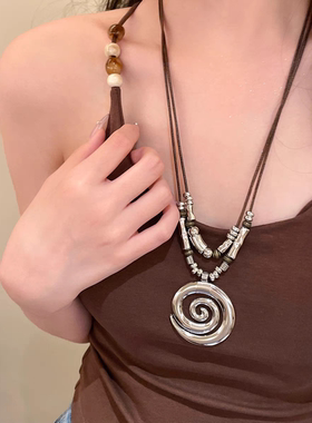 波西米亚蚊香盘双层吊坠项链女异域复古民族风小众设计长款颈链