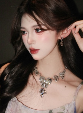 高级感重工银色耳饰项链套装气质水滴晚礼服超闪夸张轻奢锁骨颈链