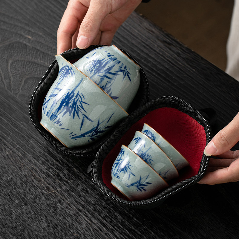 Portable travel tea set outdoor simple blue and white porcelain hand-held teapot tea cup Ge Kiln Ru Kiln quick cup