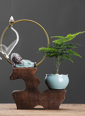 新款倒流香炉中式小和尚文竹盆栽室内办公室桌面绿植景观盆景摆件