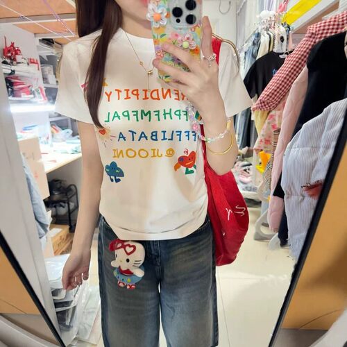 巨好看的穿搭一整套女夏季短袖牛仔七分裤两件套初中高中学生套装 - 图1
