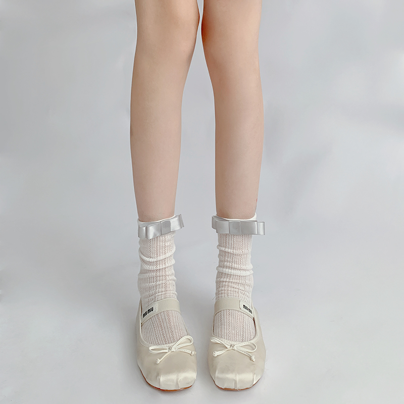 薄款透气夏季袜蝴蝶结芭蕾风袜子女夏中筒袜白色堆堆袜jk小腿袜女 - 图2