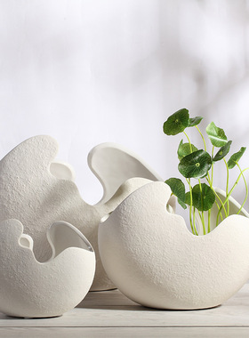 北欧风陶瓷花瓶创意北欧现代白色蛋壳插花工艺品装饰摆件