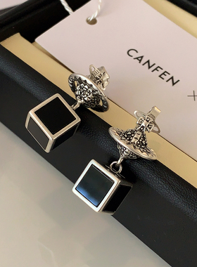 CANFEN小香风立体黑色星球耳环女
