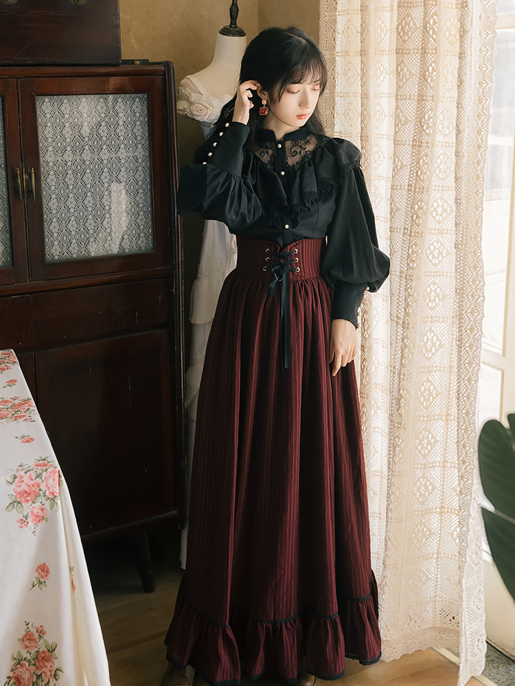 法式欧式宫廷复古长袖蕾丝衬衫条纹长裙两件套连衣裙暗黑系Lolita