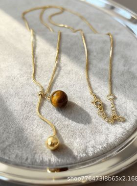 999纯银抽拉式珍珠秋冬毛衣链轻奢高级感虎眼石长款项链女饰品