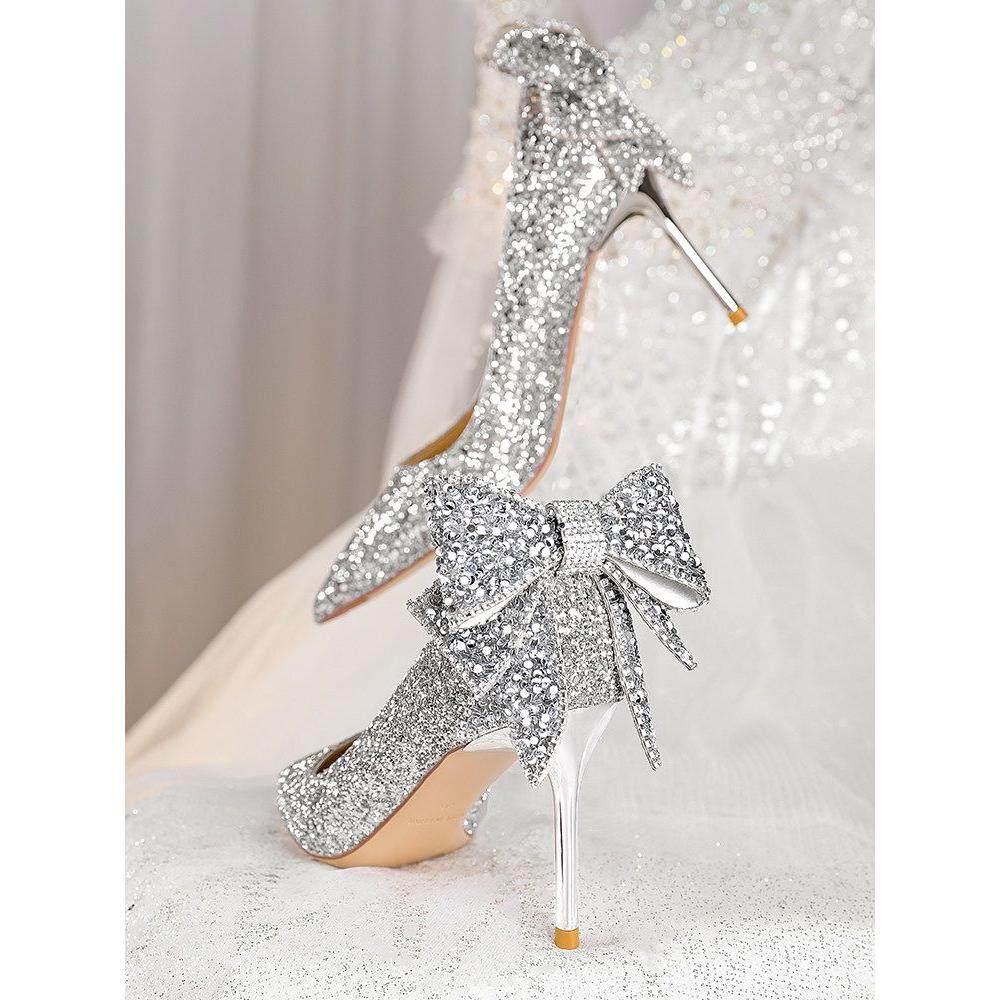 高跟鞋女2025年新款亮片银色水晶鞋婚鞋新娘鞋主婚纱尖头法式单鞋,淘宝优惠券,粉丝福利购,淘宝优惠卷
