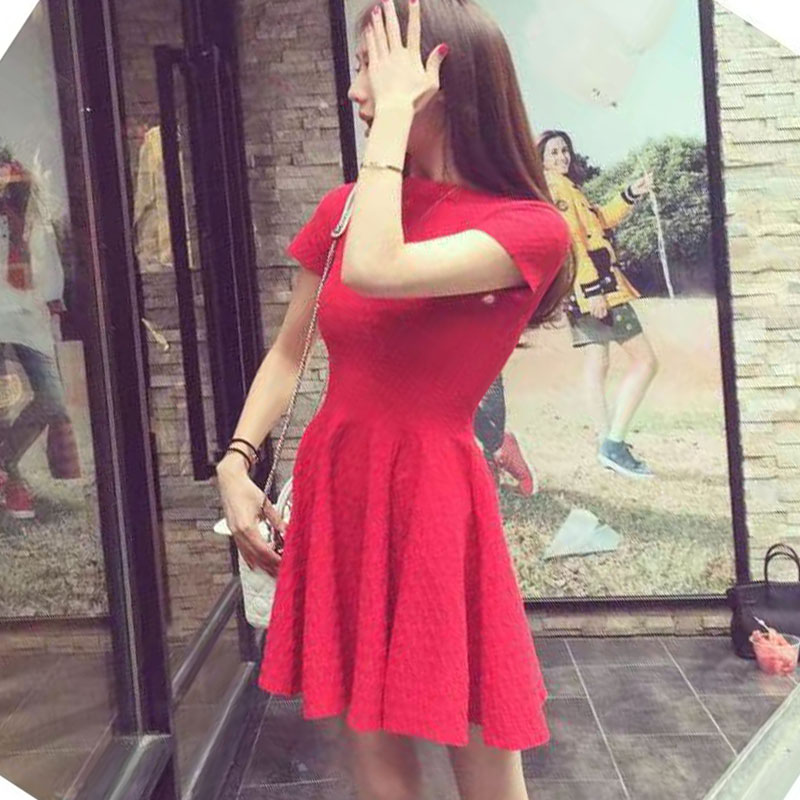 新款裙网红明星同款气质显瘦红色连衣裙中款针织红色连衣裙红裙子