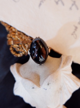Vintage夸张戒指黑色琉璃茶色方糖天然石老银女式