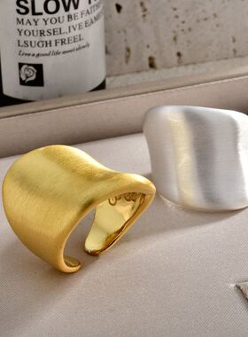 欧美跨境几何宽面不规则金银拉丝开口戒指个性冷淡风重工均码指环