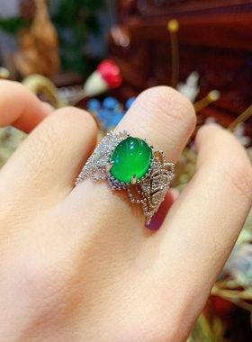 蕾丝复古冰种帝王绿玉髓戒指