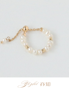 法式小众天然真珍珠链条可调节戒指 法式复古气质个性设计感手饰