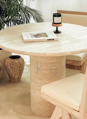 侘寂风天然洞石圆形餐桌家用别墅酒店样板房设计师款大理石圆餐台