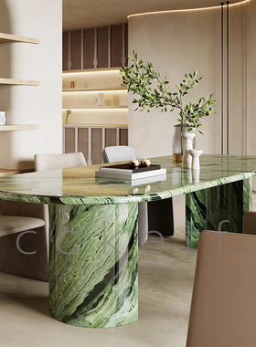 2025年新款轻奢高级感天然大理石奢石餐桌设计师款云中翡翠吃饭桌