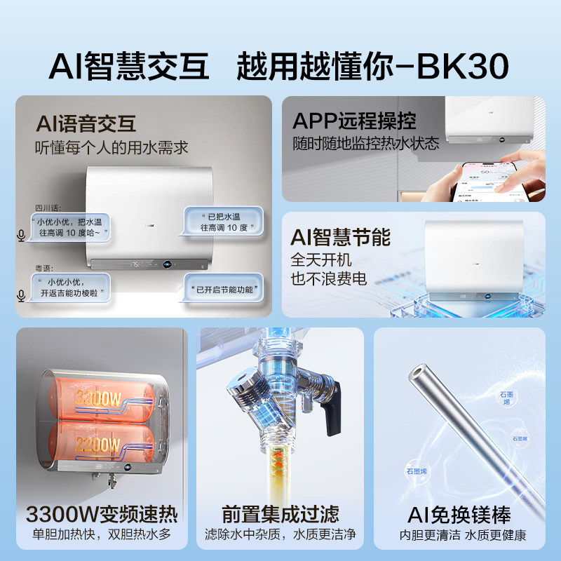 海尔AI双胆电热水器60升BK30扁桶变频速热