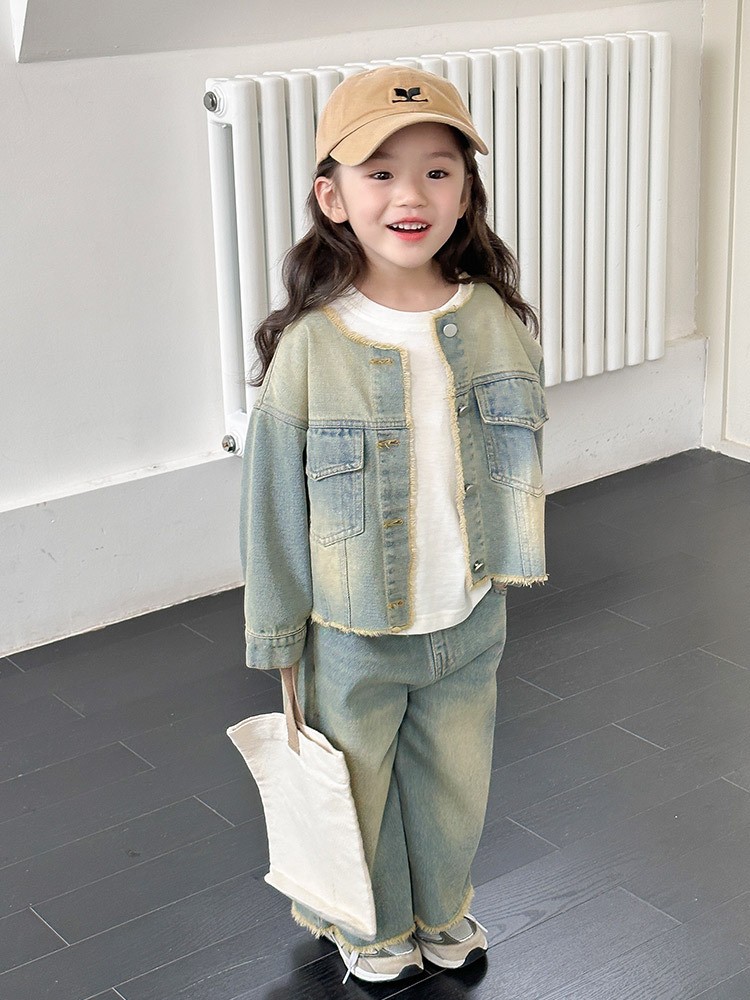 女童牛仔套装2024年春季新款小女孩复古时气外套儿童春装韩版套装-图1