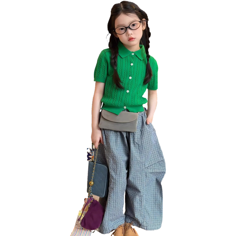 26春夏款女童韩版翻领针织短袖上衣儿童洋气格子休闲阔腿裤子套装,淘宝优惠券,粉丝福利购,淘宝优惠卷