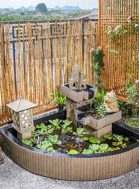 创意阳台鱼池水景花园布置庭院水池装饰造景假山盆景植物流水摆件