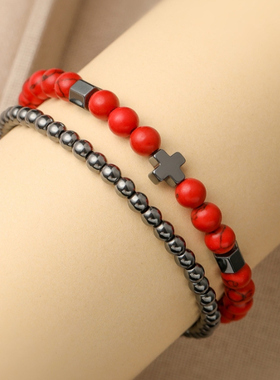 2件男士手链4MM6MM赤铁矿十字串珠手链天然熔岩虎眼石手链套装