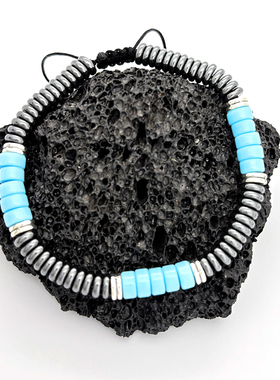 简约风时尚黑胆石隔片编织手链蓝色松石车轮珠编织手串可调节