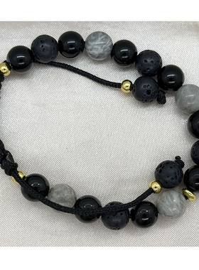 简约黑石地图石手链金色隔珠手工编织可调节手串手环男女饰品