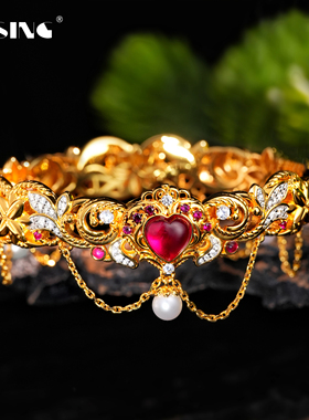 VISING珠宝培育红宝石手镯【国检】黄金色镯子S925银超重工国风