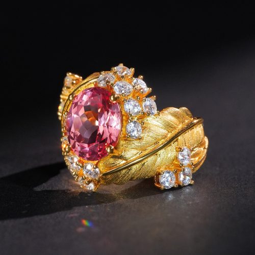 VISING珠宝3.64克拉实验室培育蓝宝石帕帕拉恰红莲花色刻丝戒指 - 图1