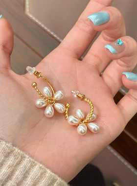 Y家中古vintage珍珠花朵耳环女小众设计感高级轻奢气质百搭耳钉