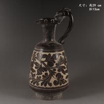 Song Magnetic State Kiln Imitation Unearthed Black Glaze Hand Carved flower tap jug ancient play antique bag Old bou collection old stock swing piece