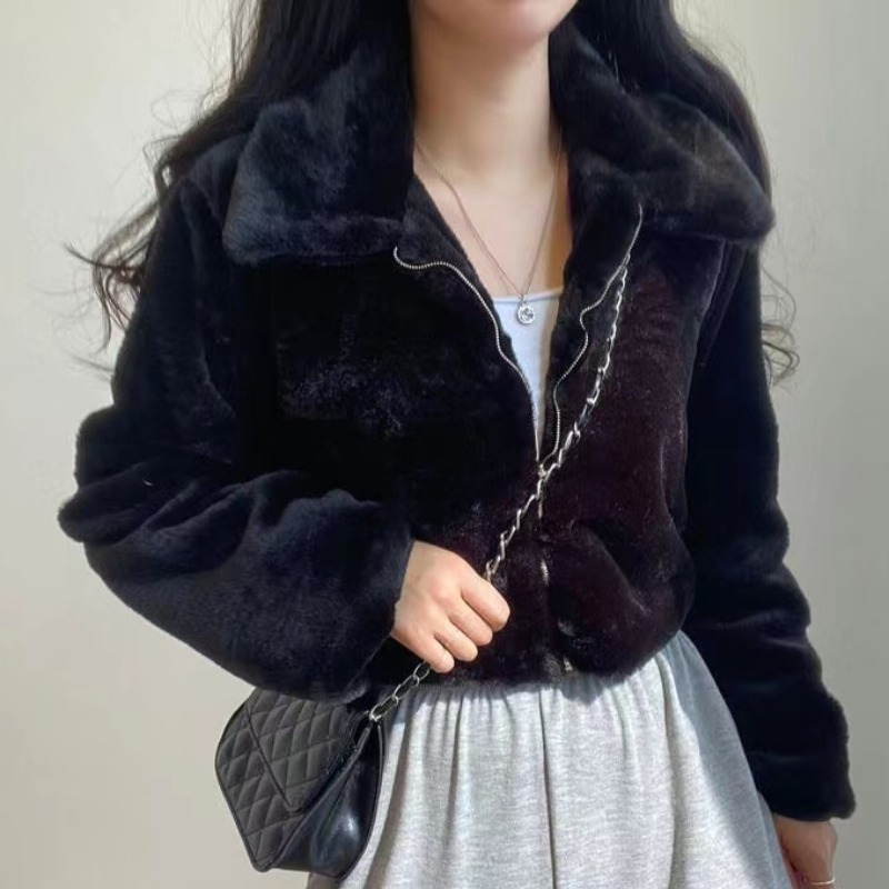 韩国chic秋冬法式减龄拉链翻领保暖毛绒绒皮草外套女短款开衫外套