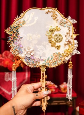 手工缠花团扇婚扇新娘结婚diy材料包成品绒花喜扇子婚礼秀禾中式