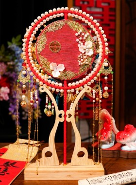 新娘团扇结婚秀禾服高级红色双面diy材料包喜扇重工结婚扇子缠花