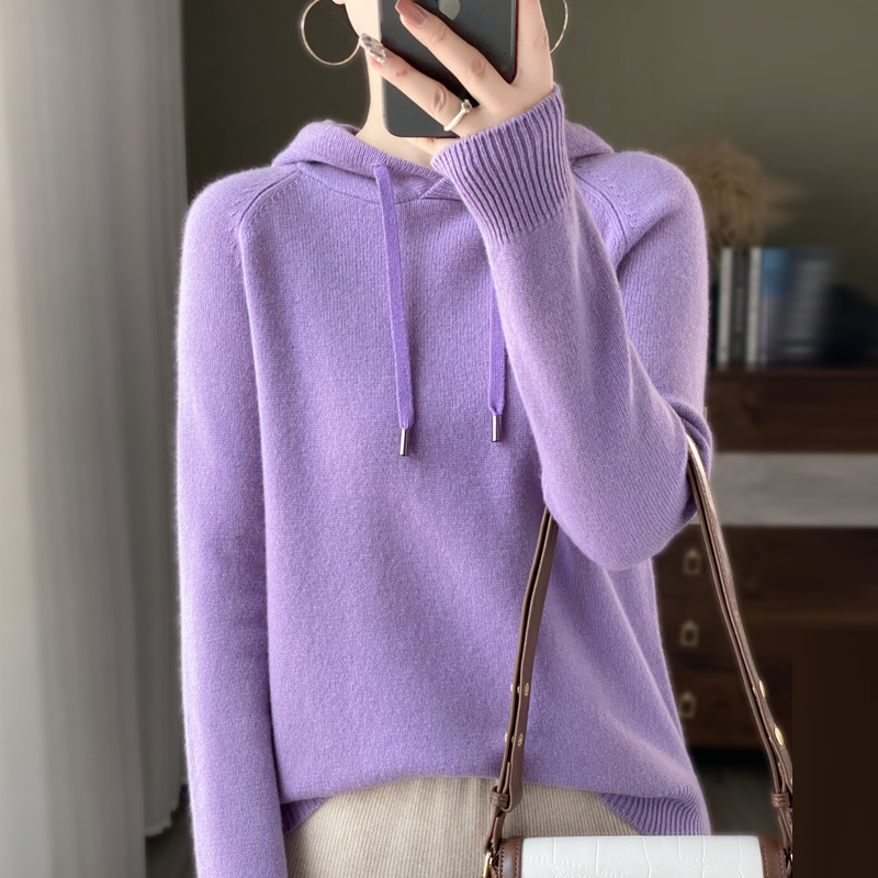 100澳洲纯羊绒针织连帽卫衣女加厚羊绒衫连帽宽松外套大码打底毛 - 图1