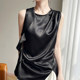 ໂບ ruffled, pleated slits, vest glossy satin ສໍາລັບແມ່ຍິງ, ການອອກແບບ summer 25 ປີ, ເສື້ອຢືດຍາວທີ່ບໍ່ມີແຂນ
